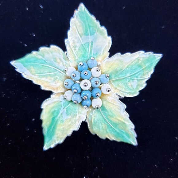 Vintage Liz Claiborne Flower Brooch Pin Enamel Beaded Green - Picture 1 of 7
